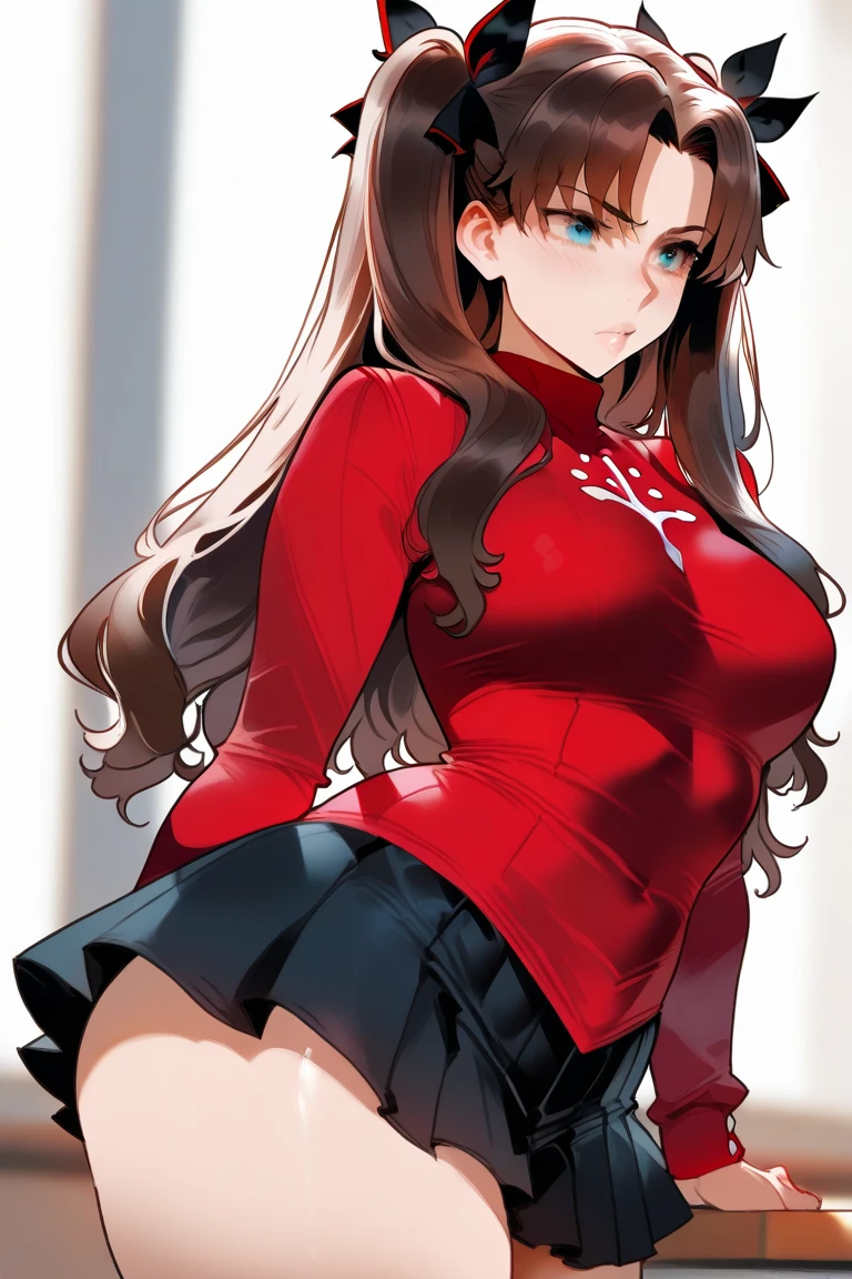 A girl with dark crimson red hair and maroon eyes with a black and red shirt that covers her whole torso and sweatpants and big breasts smiling and a background with volcanoes and fire