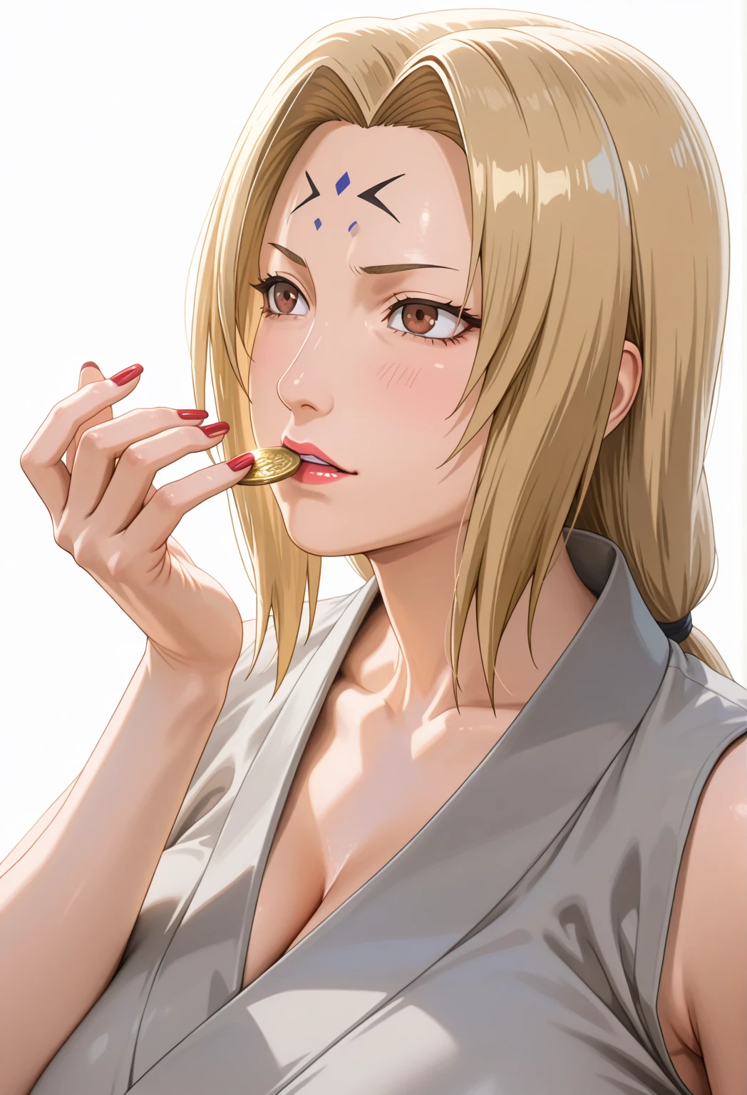 Tsunade kissing Naruto on the mouth in a bikini Tsunade