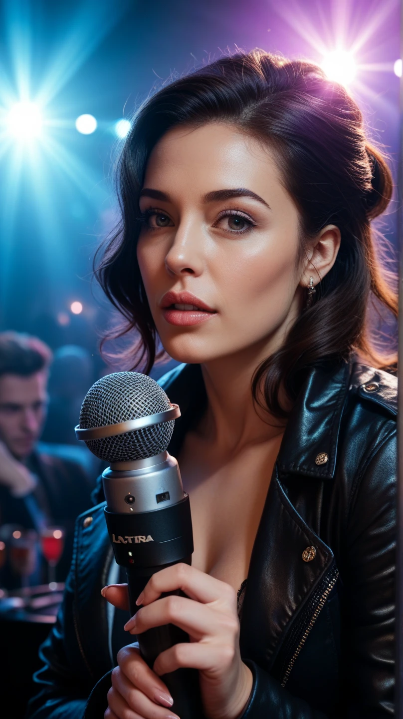 FM Radio Studio Stations, sexy woman, sexy radio hostess, late night talk show hostess, naughty late night hostess, cleavage, midriff、pixie short hair、Speak into the radio host headset, radio show, Realistic, Full-HD, 。.3D, 4K 、a smile. She's like Larry King, but not old and is a woman.