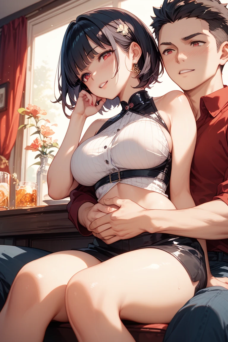 highest quality, High resolution, 1 girl, focus only, (big breasts:0.01), it is in it, black pants, blush, embarrassing,Reluctant, short hair, black hair, examination room, doctors around, round stool, sitting, black bra, unhooking bra, someone grabbing breasts, front