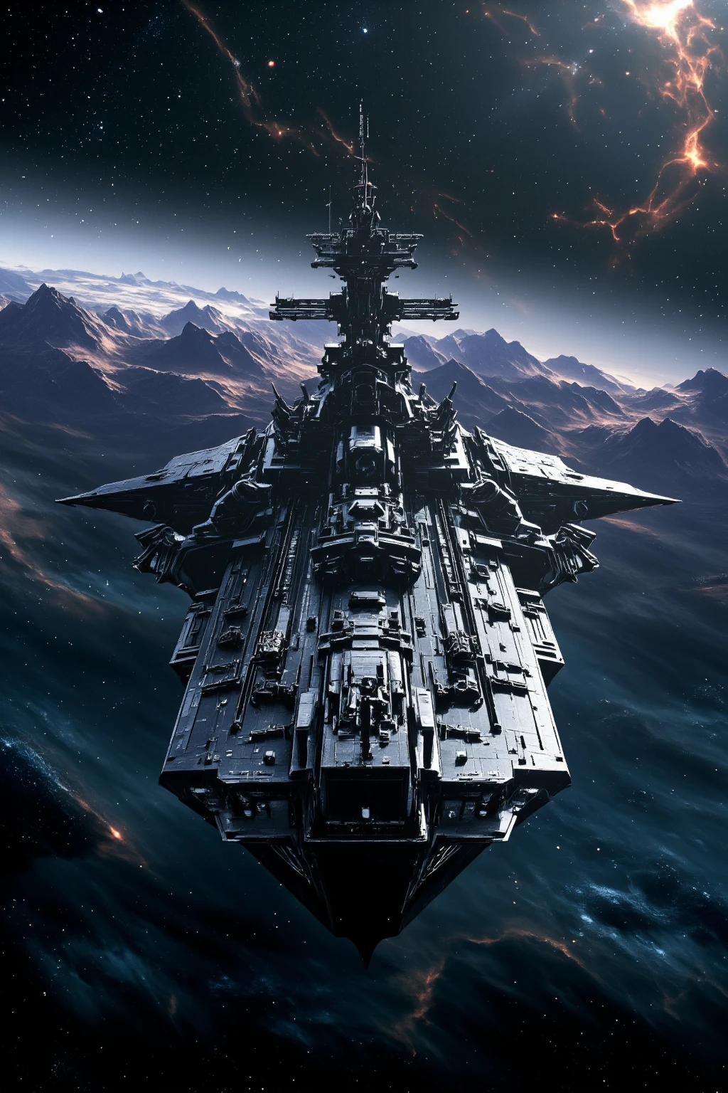 Commander of the Soviet Space Fleet,
cinematic,
In the year 2300, a super-large Soviet space battleship entered satellite orbit,
The space battleship follows the design of the Soyuz rocket,