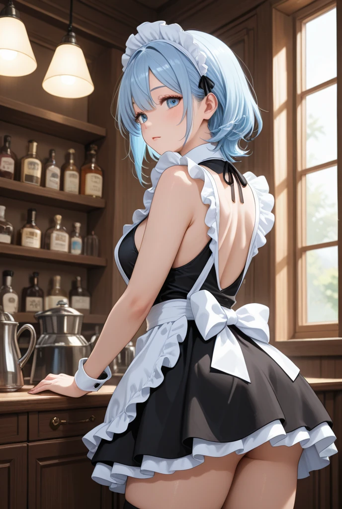 ((One Maid))、Maid clothes、mini skirt、Big Breasts、high quality、Super fine、White knee-high socks、Black pumps、4K、Standing posture、smile、Young face、Inside the maid cafe、Light blue hair、blue eyes、short hair、Show your feet、Show your whole body、最high quality、High definition、４ｋ、Maid ornament on head