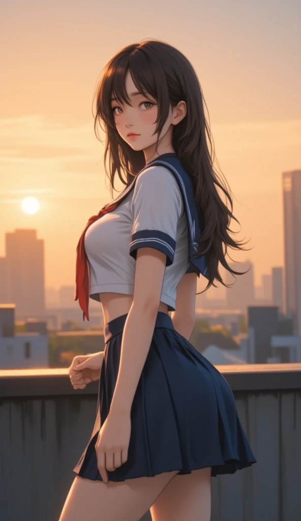 (masterpiece:1.3),(Ultra HD:1.3),(Ultra-high resolution:1.3),8k,very precise detailed,ultra high resolution,woman,14 years old,,city,night,(((Sailor suit,Navy Blue Skirt))),,smile(())(See through),(()),((But Saten)),blush、Surprised face,((())),((Looking Back))(Wet with sweat),White flower hair ornament,Hime cut,