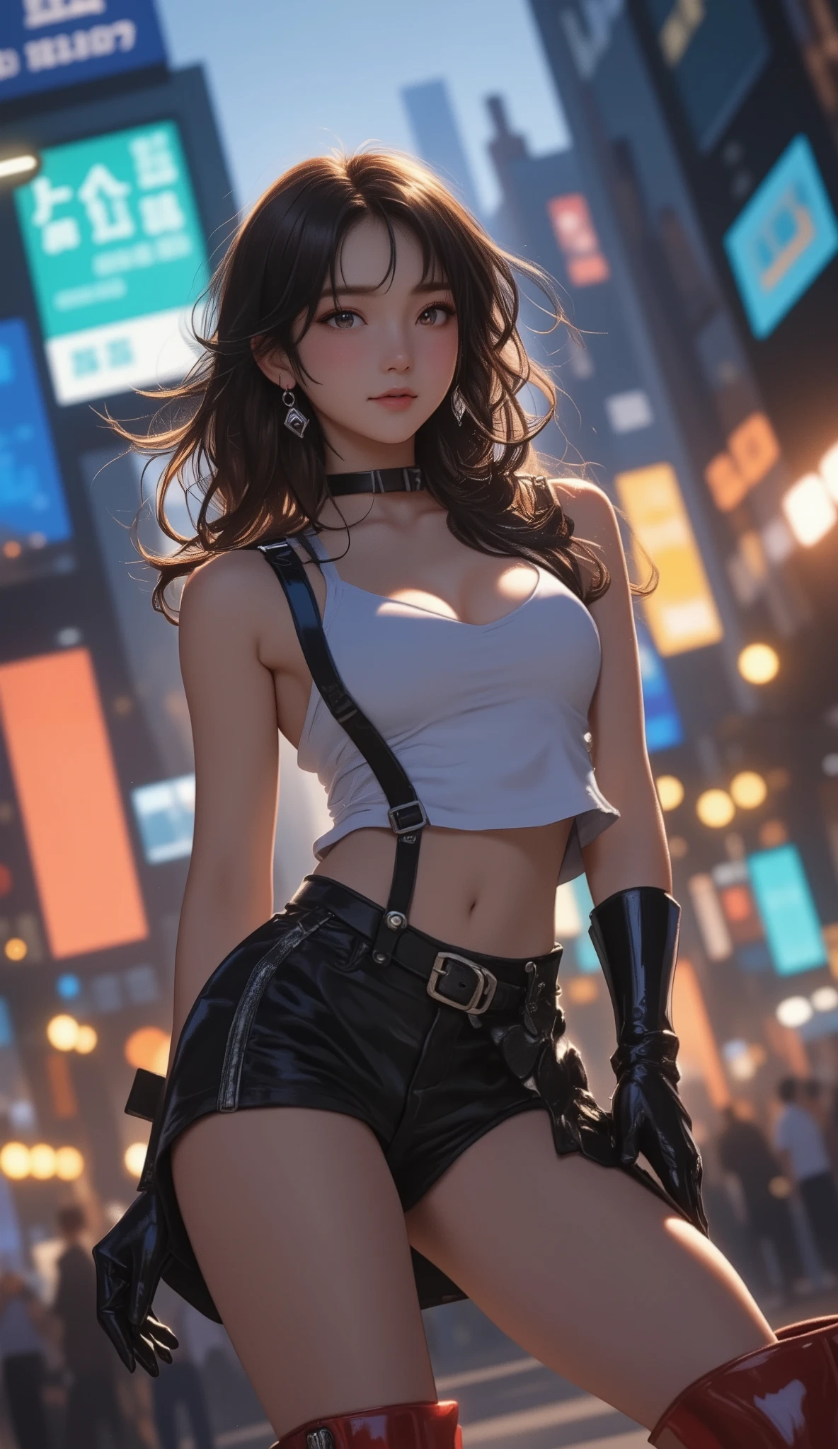 ((best quality)), (detailed), 1 brutal women, 8k_wallpaper, extremely detailed eyes, (large masterpiece digital art), (intricate details:1.3 ), (ultra-detailed:1.3), (sharp focus:1.3), (natural lighting:1.05), (vivid colors:1.3), (best quality:1.4), expressive eyes, full body, detailed face, beautiful face, perfect face, ((hair black curls)), ((blue horns)), (gold eyes), {{dark skin}}, ({dark skinned female}), (big breasts), huge chest, big wide ass, powerful relief muscles of the abdomen and legs, powerful strong muscles of the arms, a predatory and daring look, a predatory smile with a lot of fangs, dressed in an open white coat with rolled up sleeves, a translucent blue crop top through the fabric, the clear outlines of large pointed nipples are visible, denim mini-shorts, leather gloves, steel bracelets, a large hiking backpack, walks along the street of a large metropolis in the cyberpunk style with many advertising neon tabloids and labels of establishments, sunny day, light fog,