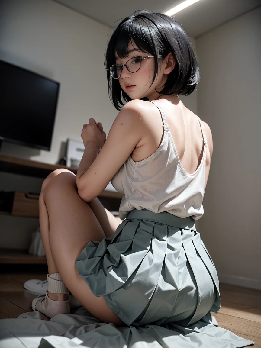 extremely highly detailed、masterpiece、Top Quality、超High Resolution A、8K high-definition、Photogenic clarity、A detailed eye、gradation、perfect anatomy body proportions, hard disk、NSFW , nikon z9 80mm lens, masutepiece、Model Standing、Light panties made of lace material、malocclusion of teeth, White tight t-shirt, The dress is made of lace material, Show me all the panties, The skirt is definitely worn、Lift skirt hem、panties focus、Natural light that is too bright、sunshine、Detail lace panty pattern、black thong、While standing, Lift the skirt and show the panties to the camera、Beautiful alignment 、Lift your skirt big 、Show your panties to the camera、1girl,Japanese,22 years old,((Slender body:1.4)),(large breasts),large hip,hairy pussy,camel toe,((blonde hair,very short messy bobcut)),((Oval Black cell frame glasses)),((wet skin:1.1)),((wet hair:1.1)), sunburn tanlines,tanned skin,
