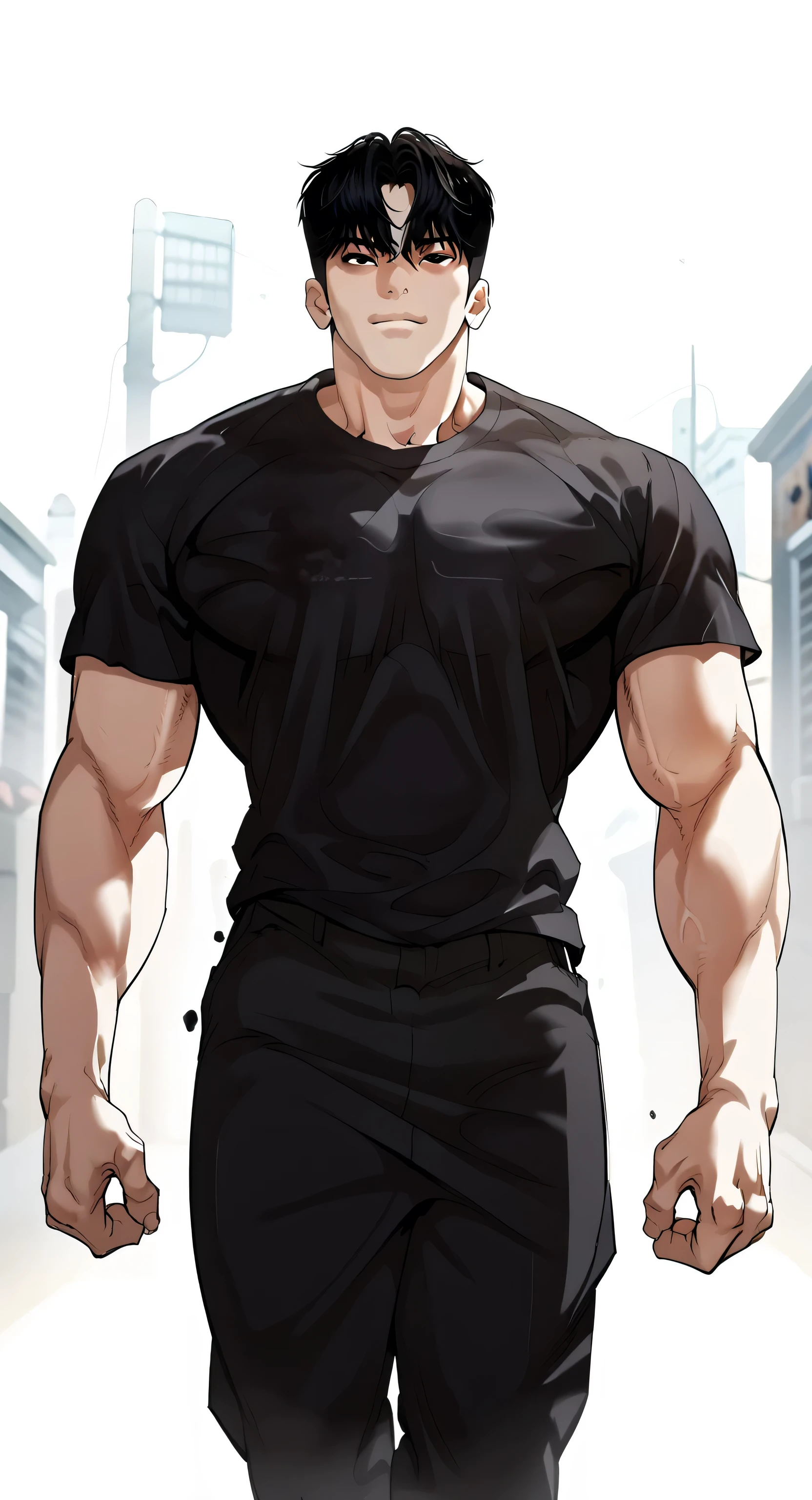 1male,solo,jake kim,black hair,short hair,hair between eyes,bang,black eyes,Black shirt,black pants,hyper muscular,cool face,alley,night,cool face,