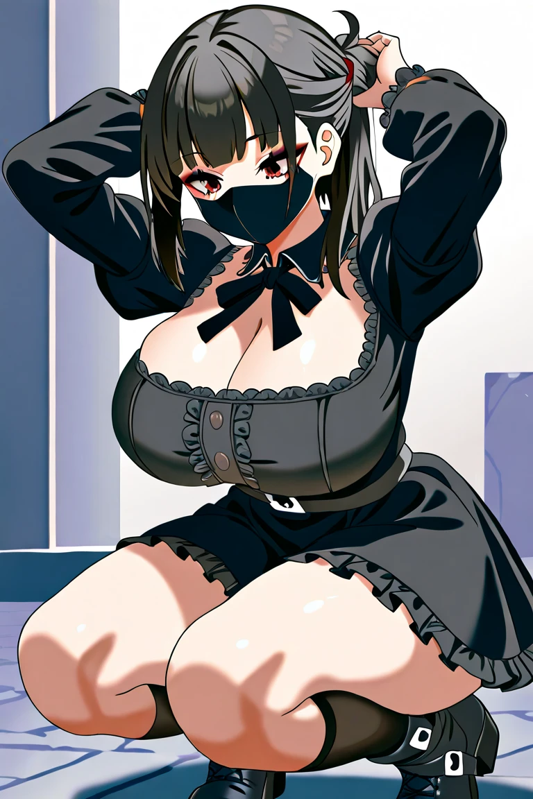ultra detailed hands、ultra detailed eyes、black thigh boots、garter strap、huge breasts、visible chest、thick thight、A sexy、grinning evily、Black sailor suit、spread legs、underwear、 skirt、short black hair、solo、nurse、street