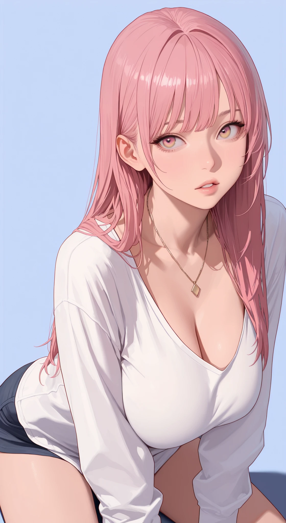 score_9, score_8_up, score_7_up, (masterpiece), best quality, very aesthetic, absurdres, safe, realistic, Masterpiece, Master work, perfect, 4K, from SIDE ABOVE body view, 1woman, mature body, big breast size, NO expression face, PARTED LIPS golden eyes, long straight hair style, pink colored hair, flat bangs hair style, detailed hair, wearing necklace, wearing casual white shirt, loose NECK shirt, untucked, long sleeves shirt, wearing short pants, sit on floor pose, leaning forward, simple background, blue background, shadow, high res, ultrasharp, 8K, looking to the viewer, masterpiece, best quality, expressive eyes, perfect face pink eyes