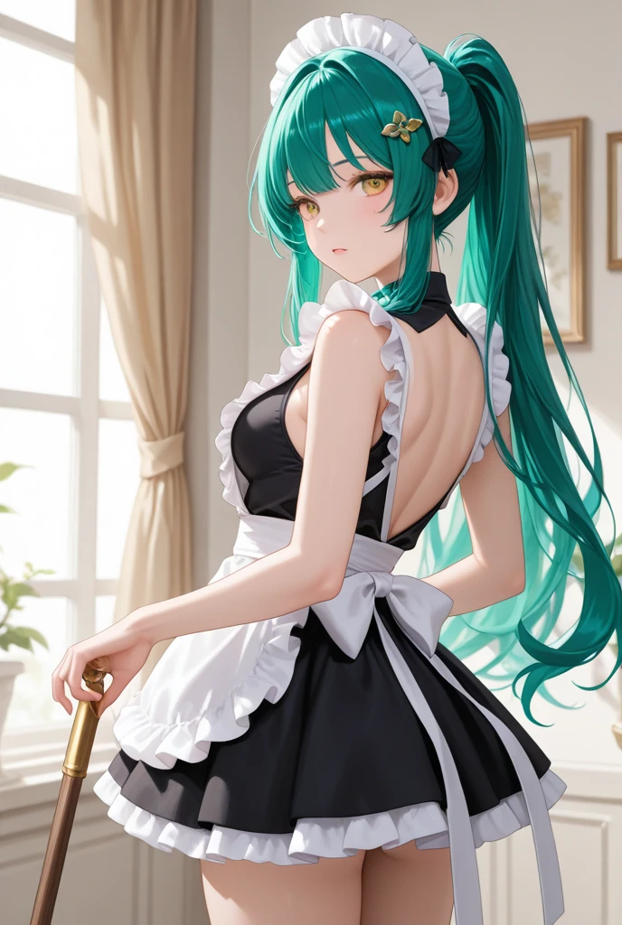 score_9, score_8_up, score_7_up, source_anime, realistic, <lora:wrenchdalnatsumipd:1>, dalnatsumi, 
maid uniform, maid headdress, maid apron, light smile, rear view, high ponytail,