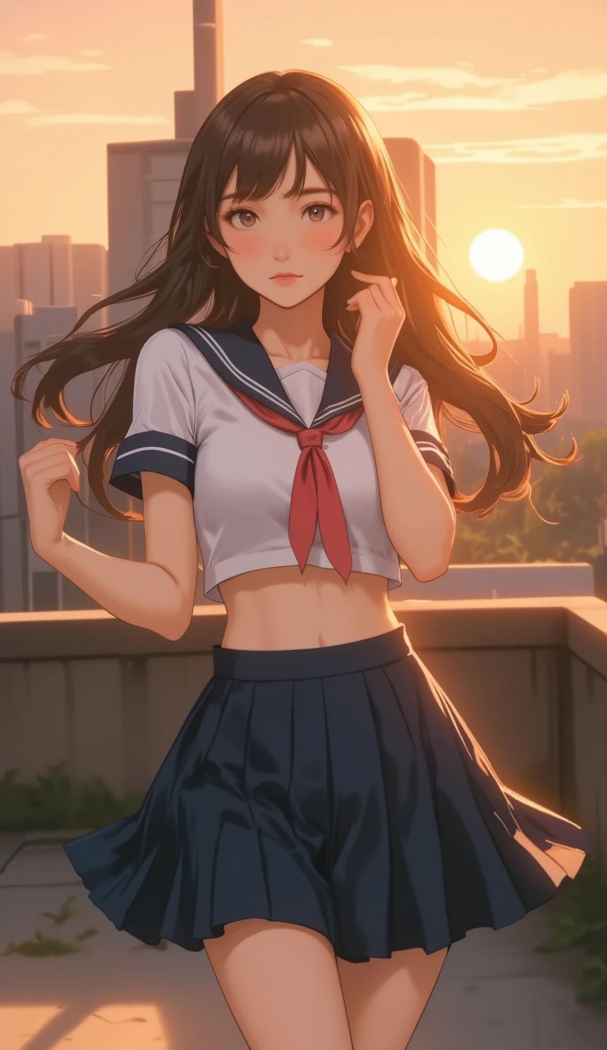((highest quality, 4k, masterpiece: 1.3)), (1 person: 1.4), 1 girl, ((lift the skirt with both hands)),((lift the skirt yourself)), ((Low - Angle)),((View from quite below)),((Angle from the front)),japanese woman, Beautiful big breasts Ideal beautiful big breasts, Beautiful upward facing breasts, Beautifully raised mons pubis,Normal pubic hair, ((stand in honor)), ((face down)), ((Stand with your feet shoulder-width apart)),((straighten your legs)), , ((thin)), photo sculpture, sunset,Backlight, high contrast,Aperture F1.2, Focus distance 35mm, (whole body: 1.2), ((exquisite blush)), ((angel's smile)), ((I'm embarrassed but with a big smile)), ((Front view)),((Moist eyes)),exquisite sexy pose, You can see all her very thin and beautiful legs, Sailor suit with less wrinkles, ((Backlightで透けるセーラー服)), sailor suit without buttons, ((Sailor uniform with a relaxed silhouette)), ((The outside of the knee length is black、Split skirt with white inside)), ((black socks)), ((No bra)), ((No panties)), ((blue sailor collar)), ((white breastplate)), Red Sailor Scarf, ((white sailor scarf without ribbon)), I can see a little of your belly button,((riverbank)), ((riverbank)), ((river)), ((long black hair)), ((white ponytail ribbon)), ((Long straight ponytail)), red eyes