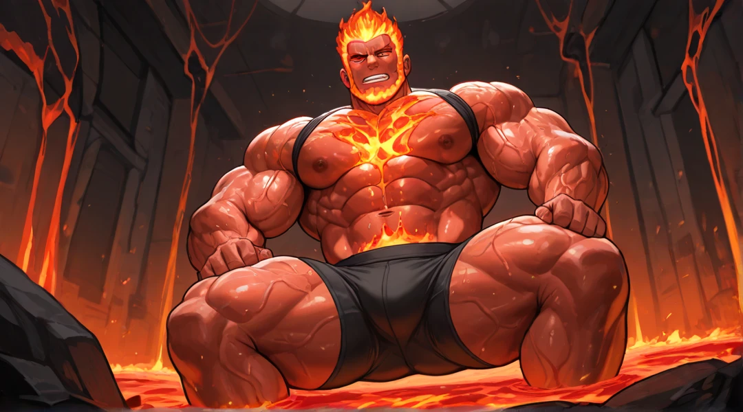 Charizard has huge torso muscles , Huge arms ,huge pecs , Huge legs ,huge nipples and areolas , Sweating all over the body,looking at the audience