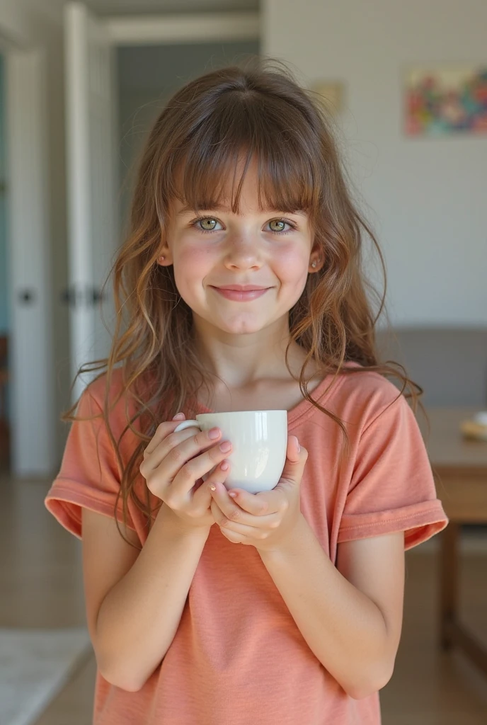 cinematic photo style by Henri Cartier-Bresson, 1 girl 14 years old crochetes knitted toys while sitting in a chair, (her 50-year-old mother sits next to her and smiles), portrait, against the background of a white wall of children's drawings and a window, on a wooden table there is one white mug full of tea, books, film, bokeh, professional, 4k, highly detailed,