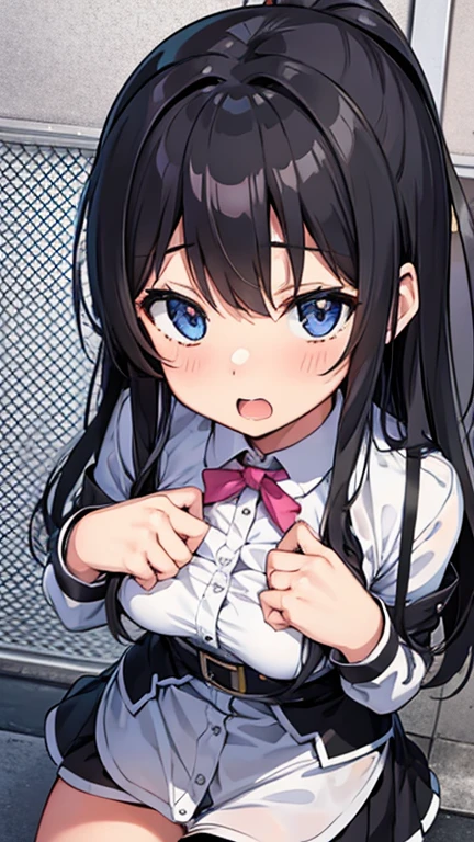 black eyes ,black hair, long hair, hairband,, large breasts,, Live Stage, solo, crying