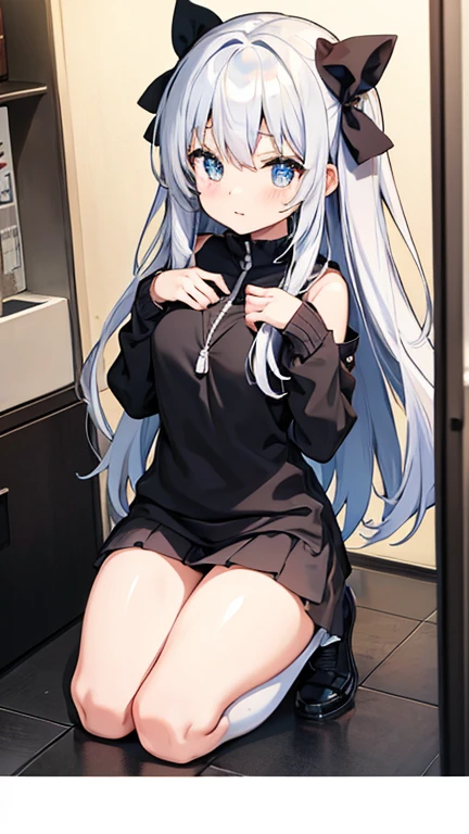 (solo), (416_GirlsFrontline), skinny girl, BREAK, (disproportionately huge breasts:1.5), bursting breasts, narrow shoulders, narrow waist, (skinny long legs), arms behind back, BREAK, (dark purple jacket), (flapping very short high-waist skirt), thigh gap, (black thighhighs), BREAK, smile for viewer, embarrassed, nose blush, (nsfw:0.7), slipping white panty, (pussy juice dripping down), (orgasm)