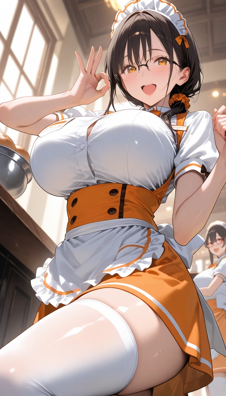 Score_9, score_8_up, score_7_up, score_6_up, score_5_up, score_4_up, source_anime, 2girls, cute student, young female, sagging gigantic huge breasts, wide hips, thick thighs, huge areolae, areola slip, black areolae, dark areolae, milk, cashier counter, pov, detailed eyes, brown eyes, looking at viewer, crowded, in milk shop, sleeveless, apron uniform, staff visor, embarrassing smile, collarbone, head tilt, very hairy stomach hair, showing armpit, hairy armpit hair, bukkake, sperm on armpit, cum shot on armpit, sperm, penis, Japanese, hentai, hand behind the head, breast milking machine, upper body only,