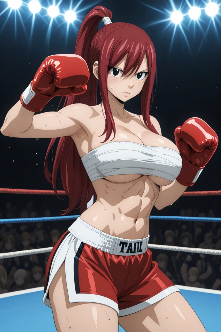 ((black bikini only)), (((wrestling arena))), spotlights, upper body view, please prioritize (best quality, 4k, 8k, highres, masterpiece:1.2), ultra-detailed, and (realistic, photorealistic, photo-realistic:1.37) rendering. (()), ((black bikini only)), big breasts, groin, ultra detailed face, perfect anatomy, 8k, standing, perfect body proportions, highest quality, 1girl, solo, (()), (very little biceps) , happy, smile, ERZASCARLET, big breasts, cleavage, off-shoulder, tall girl, (shiny hair), detailed red hair, closed mouth, very big eyes, long belly, wide shoulders, For the image quality, To enhance the visuals, add HDR, UHD, studio lighting, ultra-fine painting, sharp focus, physically based rendering, extreme detail description, professional, vivid colors