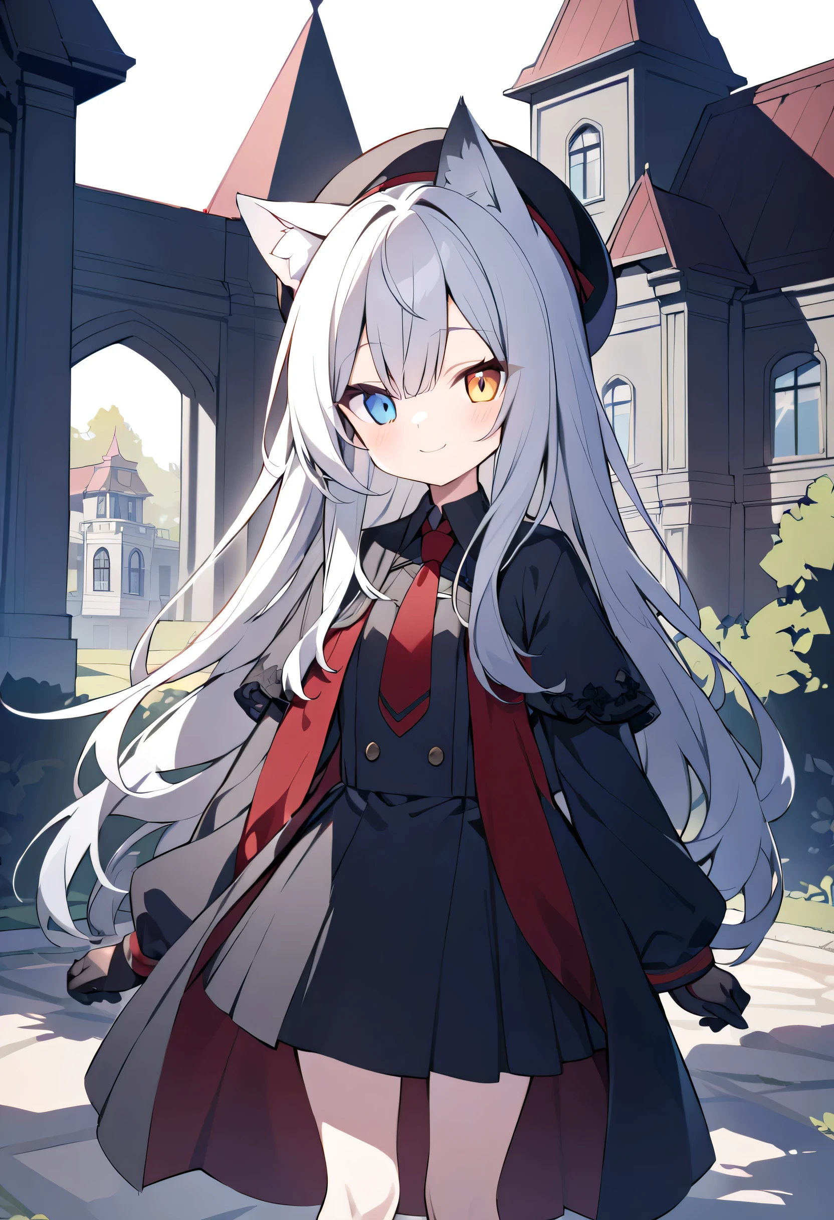 long hair,Silver Hair, girl,Cat ears,alone,Heterochromia(Left blue right yellow),Black Robes(red internal stain),Red tie,Black socks,Manor,Next to the villa,Smile,black gloves, black beret ,Long bangs,standing
