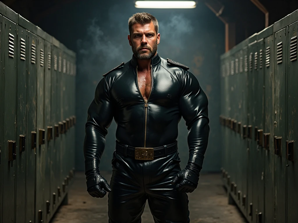 A muscular and sensual young wild afro black werewolf, red-eyed, all bald and with a goatee wearing a leather jacket, standing with a big old giant classic super motorcycle through a small town in the interior of the country at night with an evil entity watching among the stars and with a young beautiful blonde woman in a sexy uniformed police officer standing next to him very well armed with a mischievous smile right next to him.