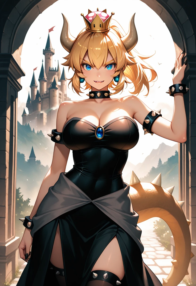 Bowsette female, sexy, horns, fangs, spiked collar, atching armbands. black strapless dress, blonde woman. turtle shell in the back, bowser tail, Bowsette is standing in front of a castle, clear blue sky, few clouds. @restless