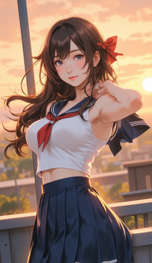 1girll,brunette color hair,long whitr hair,By bangs,short skirt,mature,anime big breast,full bodyesbian, beautidful eyes, Nice face,radiantsmile,eventide,rosy clouds,ports --auto