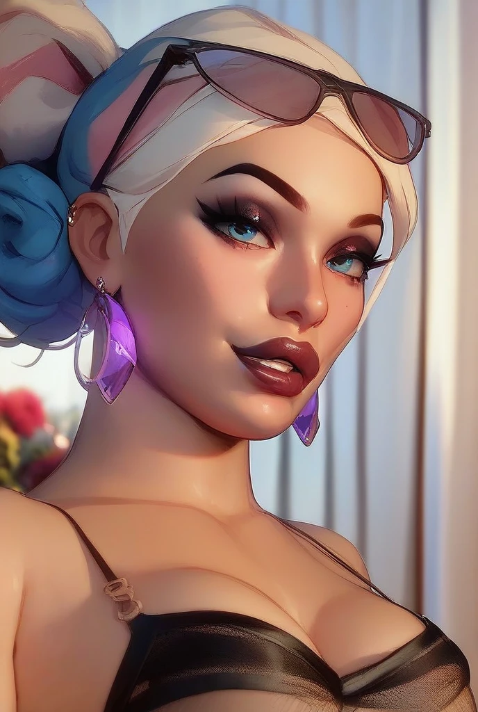 beautiful anime face, spider_web_print, female, perfect face, perfect body, 4k, anime artwork, ((masterpiece)) illustration of kujo_jolyne, 1girl, ((solo)), hair buns, braided_ponytail, big green_lips, makeup, green_hair, two-tone_hair, halterneck, sleeveless_shirt, large breasts,  (cinematic lighting:1.2), masterpiece, ultra-realistic 8k, perfect artwork, intrincate details, cute face, colorful, award winning photograph, (extremely detailed, hyper detailed), (((intricate details))), amazing colors , jojo_no_kimyou_na_bouken, <lora:jolyneCujohLora_v1:1>