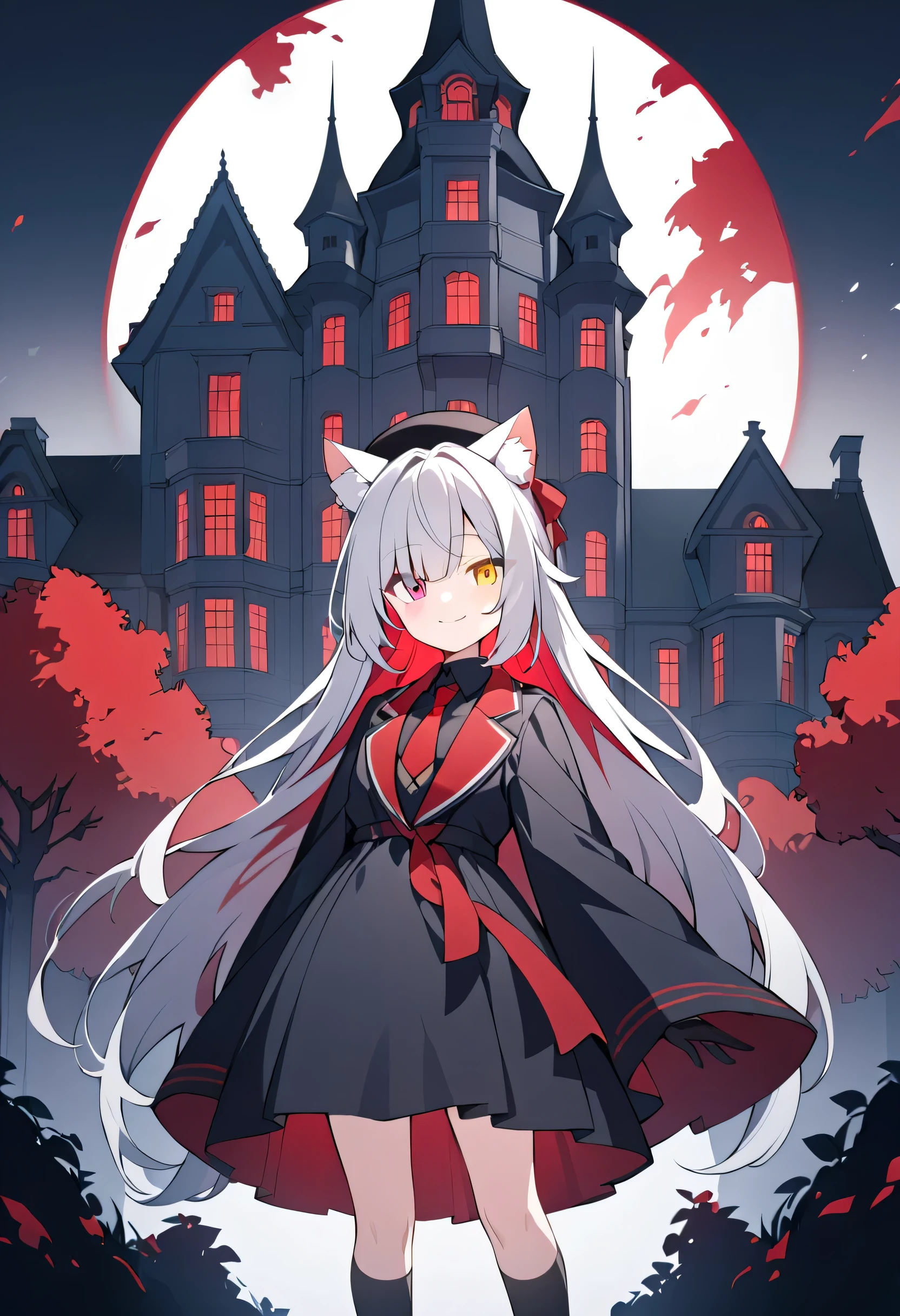 long hair,Silver Hair, girl,Cat ears,alone,Heterochromia(Left blue right yellow),Black Robes(red internal stain),Red tie,Black socks,Manor,Next to the villa,Smile,black gloves, black beret ,Long bangs,standing
