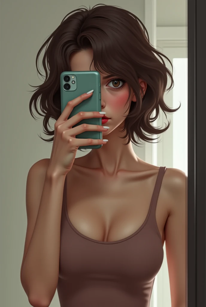 80s animatronic B-movie starlet in a retro-styled stop-motion movie still, blending photorealism and animatronics . . full body shot of a beautiful girl with exaggerated facial proportions. caricatural. goofy expression. snapchat mirror selfie, . Low resolution, no focus, no background blur, bathroom. Nude. White pale skin, phone in hands, messy hair.. . Her glossy eyes are slightly too large, skin smooth and glossy, almost waxy. . The overall composition maintains a B-movie aesthetic while pushing the boundaries between realism and artificial rendering