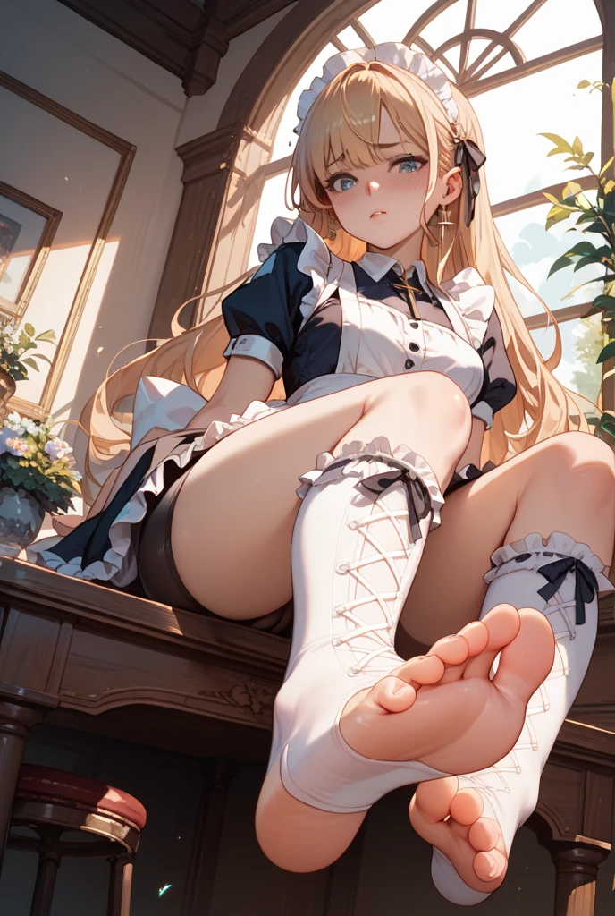1girl,blush,open mouth,small lady serenity,shoulder,a dress with long sleeves,reach out feet,feet focus,(five toes1.5),sweating,steam,wet clothes,