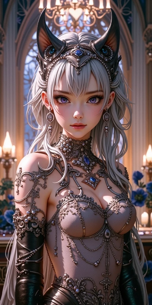 (best quality,photorealistic:1.37),ultra-detailed,fantasy-inspired,white hair,purple eyes,shimmering eyes,short top,skirt,parted lips,blush,night,flowers,sun,sunlight