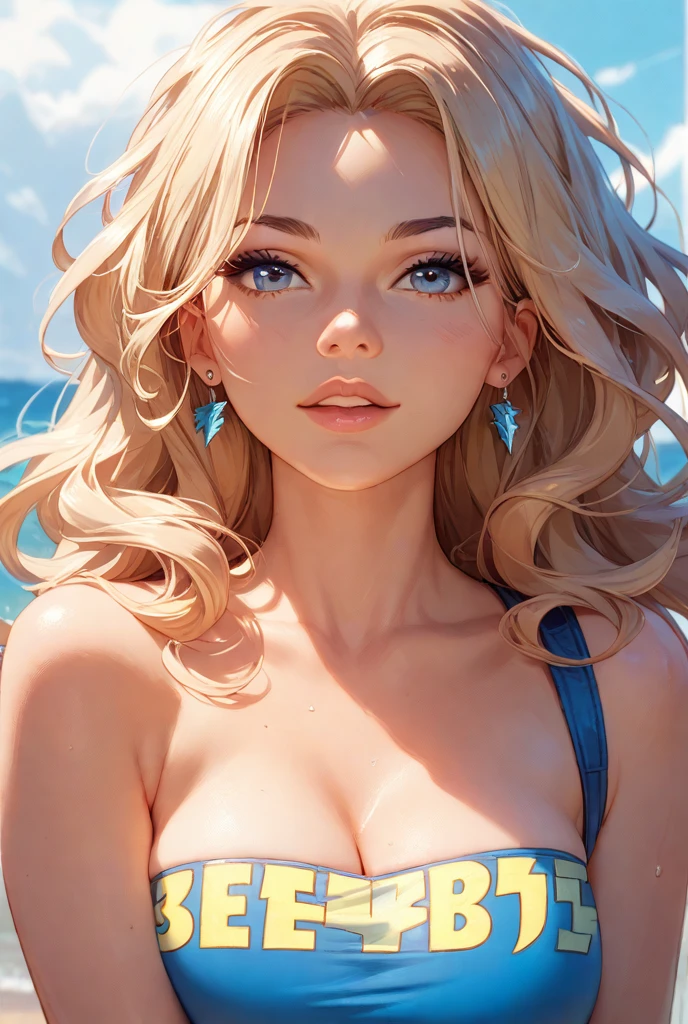 beautfull woman, Blonde hair in the wind, shining blue eyes, realisitic, work of art, highy detailed, 4K, beach background, highy detailed light, small smiling, Caucasian skin