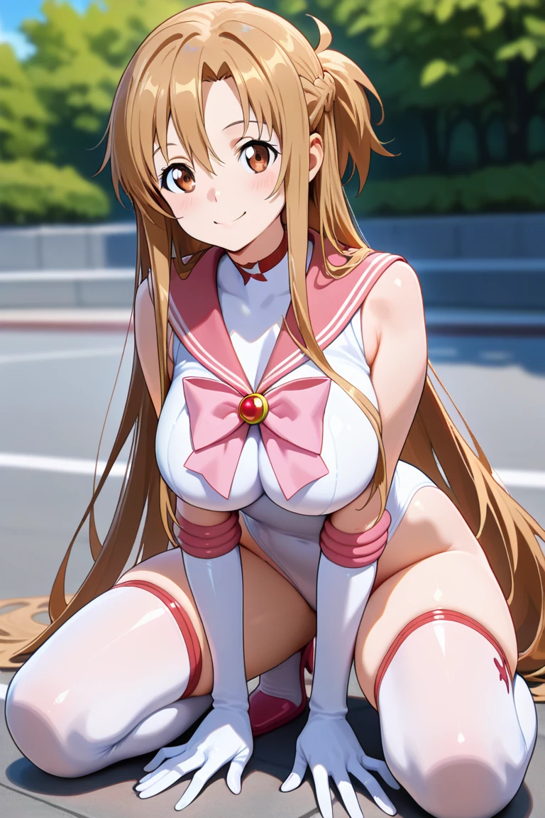 Masterpiece, Best Quality, High Resolution, SV1, Sailor Warrior Uniform, Elbow Gloves, Tiara, Red Bow, Orange Choker, Orange Sailor Color, White Gloves, Jewelry, White Leotard, (Example Pool)), Street, ((from the front)), Perfect Arms, ((squatting on the ground)), ?????? wide open from side to side, Arms behind the head, Armpits showing, Staring at the viewer, (( Face the front of the body to the viewer, ?????? wide open from side to side towards the viewer)), embarrassing, blush, bare feet, high heels frontal shots