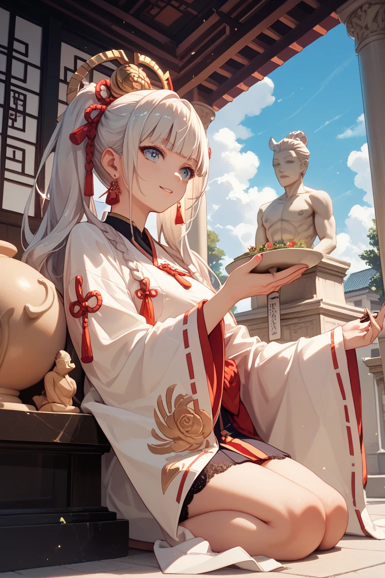 8K,tmasterpiece,Natural lighting,ancient chinese background,High hills,Cloud fog,rios,sitting before a table,Hand presser cup,Outdoor photography,sface focus,detailed face with,facial wrinkle,Relaxed expression,(2 people),Opposite,Male elderly,White hair,Hairpins,Chinese Han dynasty costumes,Boy