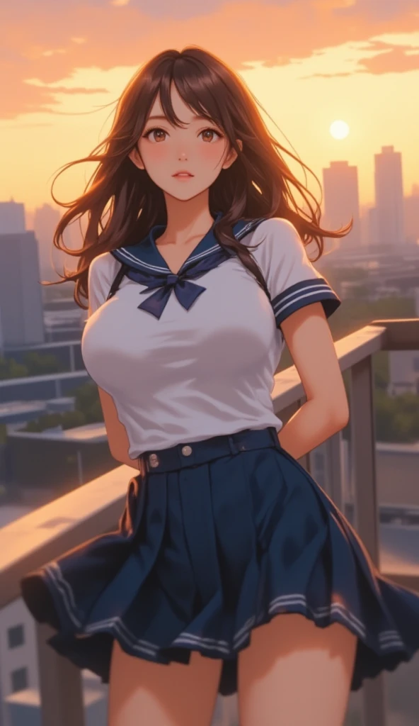 (masterpiece:1.2, top-quality), (realistic, photorealistic:1.4), beautiful illustration, (natural side lighting, movie lighting), nsfw,
beautiful detailed hair, beautiful detailed face, beautiful detailed eyes, beautiful clavicle, beautiful body, beautiful chest, beautiful thigh, beautiful legs, beautiful hands,
looking at viewer, (face focus, extreme close-up, portrait), 1 girl, japanese, high school girl, perfect face, cute and symmetrical face, shiny skin,
(long hair, straight hair, brown hair), forehead, gray eyes, slant eyes, big eyes, long eye lasher, (medium breasts), (small ass, thin thighs), slender, outstanding style,
((detailed cloth texture, serafuku, short sleeves, pleated skirt, sailor collar, scarf), finest underwear), earrings, necklace,
(beautiful scenery), evening, summer, (cityscape), sitting, (seductive smile, upper eyes, parted lips),