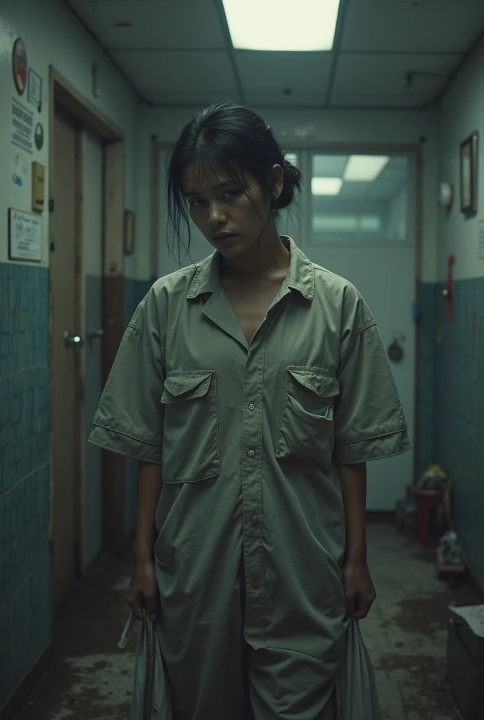 35 years old, filipina, at crime scene, whole body, wearing white shirt with minimal blood stain, black pants, white shoes, realistic, not blur background, 
