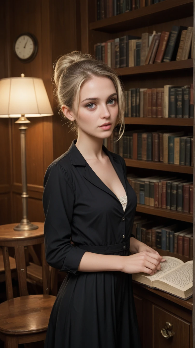 1 gorgeous European woman, age 23, she is a men magazine model, flirts witch camera, hair behind ear, Intellectual literature teacher and witty companion, shares her wisdom through classic tales, sparking a connection beyond words. ((No hat))