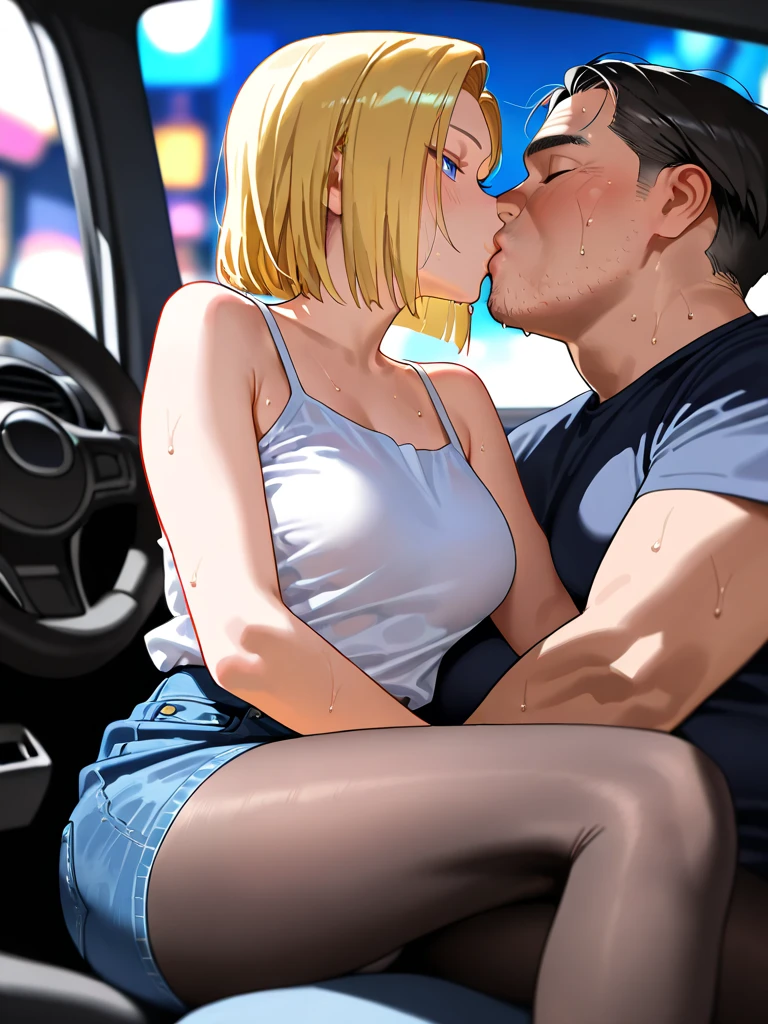 1girl, light blonde hair, one big ponytail, side fluffy hair, choker, makeup, black eyeliner, black eyeshadow, black eyelashes, naked, closed eyes, 1boy, penis in ass, anal sex, side view, inside the car, desert, cum on face, ruined makeup