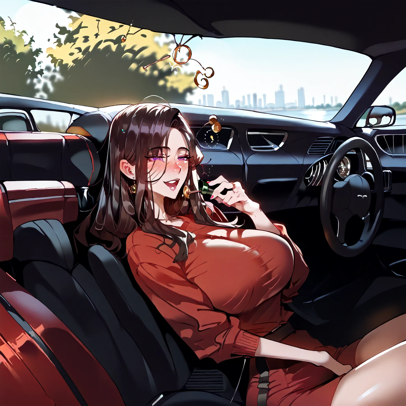 Wife 30 years old,Large Breasts,Brown wavy hair,earrings,Smile,cloudy day,Sexy,noble,red glasses,green eyes,lipstick,Soaked all over,Sheer and tight-fitting driver's uniform,Meticulous background,Inside the fighter hangar