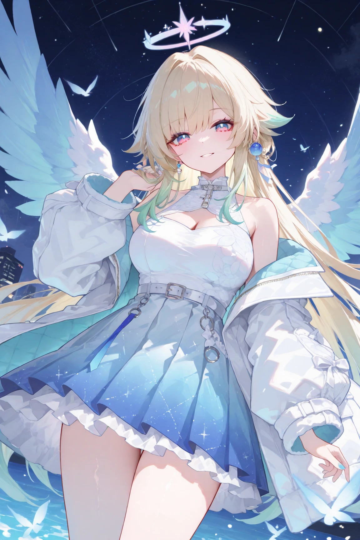 (Masterpiece: 1.4), (Best quality: 1.4), 8K, HD, ultra clear,1girl,(big breasts:1.4),blond hair,(Heart-shaped pupil:1.3),(Tongue out:1.2),scared:1.3,(cry:1.3),princess,Bare abdomen,White lace underwear,Skirt,(Looking up),night,bedroom,necklace,Messy clothes,long hair, angel wings