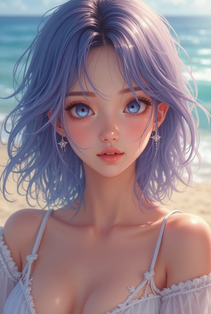 girl, purple hair, blue eyes!!!, color contact lenses, crystal earrings, heavy breathing, modern, Realism, UHD, masterpiece, super detail, gold small neckless, full body, at the beach, bikini, legs, white nails, no bones, ultra realistic, makeup, shiny hair,
