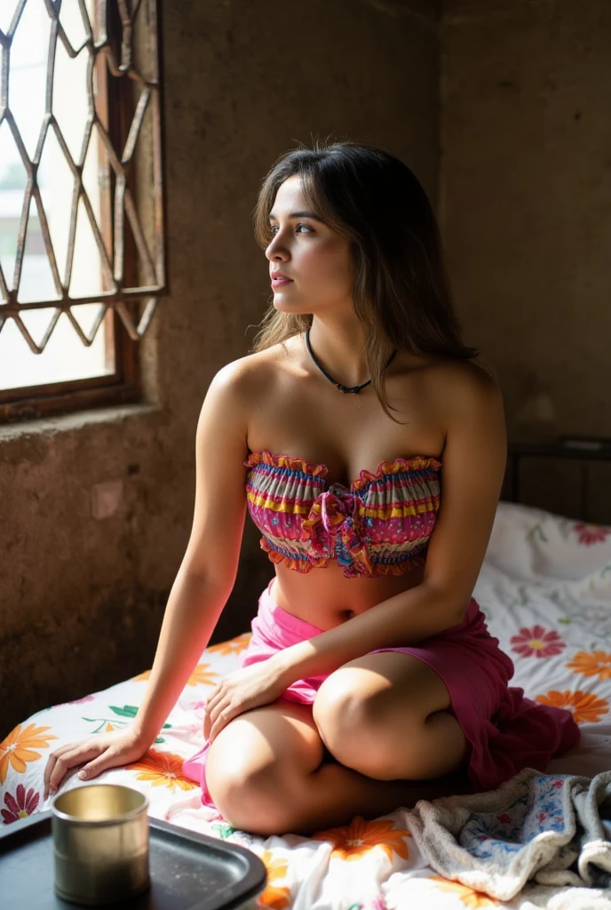 segurando uma coroa de flores, Surrounded by colorful bohemian tapestries. She has long flowing hair and is smiling warmly. A cena se passa em um prado iluminado pelo sol com grama alta e flores silvestres. The woman is barefoot and her clothes are loose and flowing, reflecting the carefree spirit of the hippie era. The colors of the image are vibrant and saturated, with a warm and ethereal color tone. The lighting is soft and diffused, casting a soft glow over the woman and surroundings. The image is of the highest quality, with exquisite details on the woman's features, Her flowing hair, and the intricate patterns on the tapestries. The overall style of the work is reminiscent of the bohemian aesthetic of the 70s, Capturing the Spirit of Peace, , e amor.
