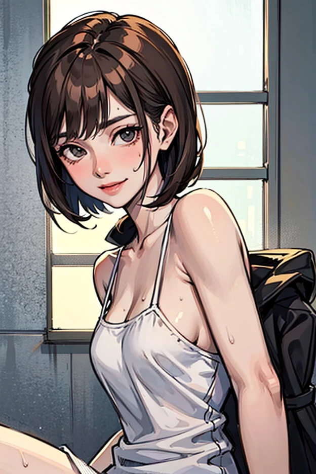 Noah Nozami, beautiful girl, (1 girl), alone, expression of fear, with French black hair Bob, scared, big light yellow eyes, manga style, sweat on skin, small breasts, realistic-upscale --auto --s2
