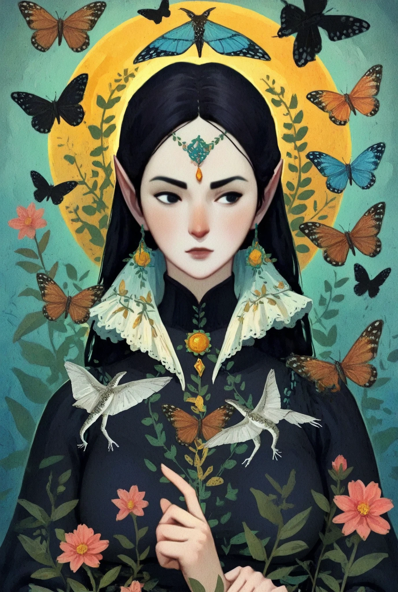 dkri style, 1girl, gorgeous elf, mature girl, looking away:1.5, vibrant pale skin, perfect hands, black eyes, medieval black dress, fantasy aesthetic, painterly illustration, gouache painting, soft illustration, 2d art, abstract background, masterpiece, best quality, flat illustration, extreme quality, IllustriousQual, masterpiece, best quality, realistic, lora:AnatoFinnstarkIXL_v2:1.0