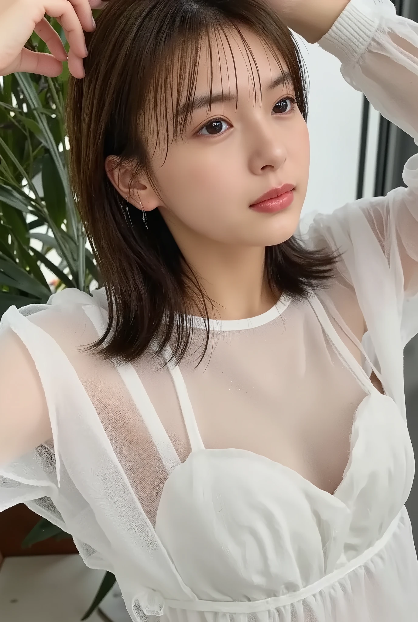 high-resolution photo of a young Japanese woman,professional lighting, sharp concentration but slight smile, 1 girl, (( Chest and legs are exposed a lot,upper body above the top of the foot:1.4)),slender body, white skin, detailed face, detailed eyes, sophisticated nose, after sex , obscene expression, ((perfect hand in h,perfect legs,perfect arms,Exact hand count, the exact number of legs,Accurate right hand,Accurate left hand,Accurate torso length,perfect anatomy, correct anatomy)), indoor,make a heart mark with your hands。