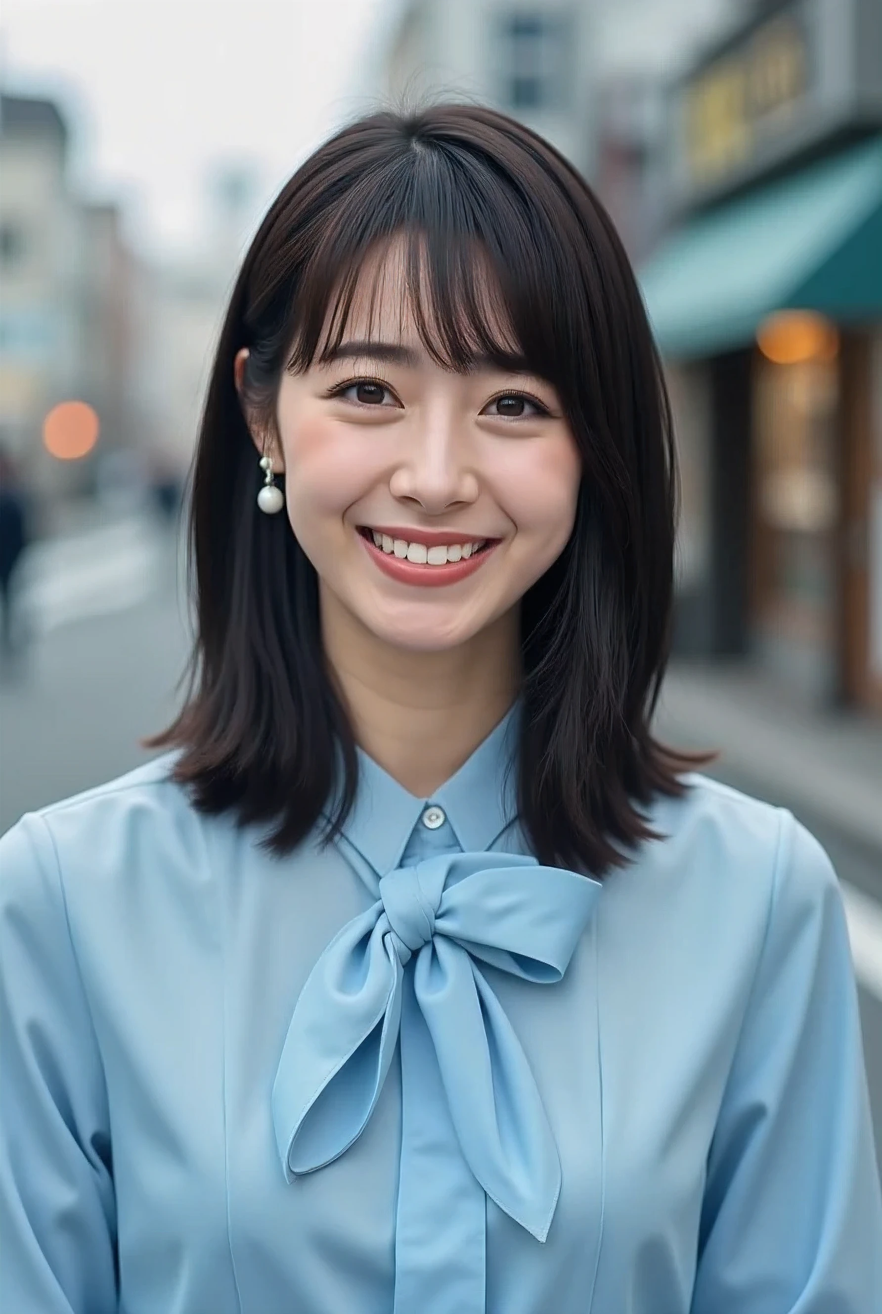 (8k, late 20th century photo, highest quality, masterpiece: 1.2), (realistic, photorealistic), (28-year-old career woman in Tokyo)
(A neat and tidy Japanese beauty with light makeup)
((Long face, well-formed eyebrows, light makeup, medium-length straight black hair))
(Slender and delicate body)
((Light blue bowtie blouse))
(Gentle smile)
(Clear street corner, bust shot)
