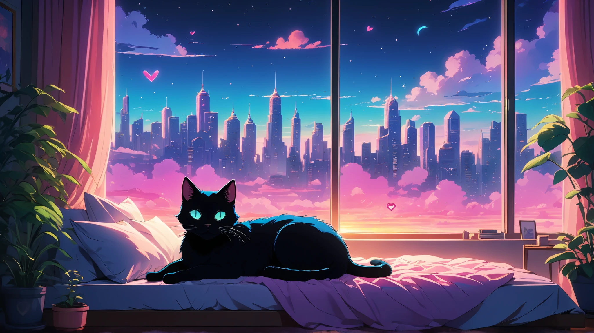 A highly detailed 2D Ghibli cinematic anime about a sleek black cat with a large head and bright blue eyes, lying comfortably on a white bed. The scene is illuminated by a dreamy sunset visible through a large window, with the sky changing vividly from gold to pink, purple and deep blue. Lush green plants grow around the window frame and bed. Tiny neon heart-shaped lights hang inside the room, creating a soft pink glow. The skyline of a distant city is visible under the colorful sky. Emphasis is placed on soft shadows, rich color gradations, detailed fur textures, a cozy yet lively atmosphere and a warm, touching feeling. Clean lines, cinematic lighting, pastel and vibrant tones dominate the scene.
