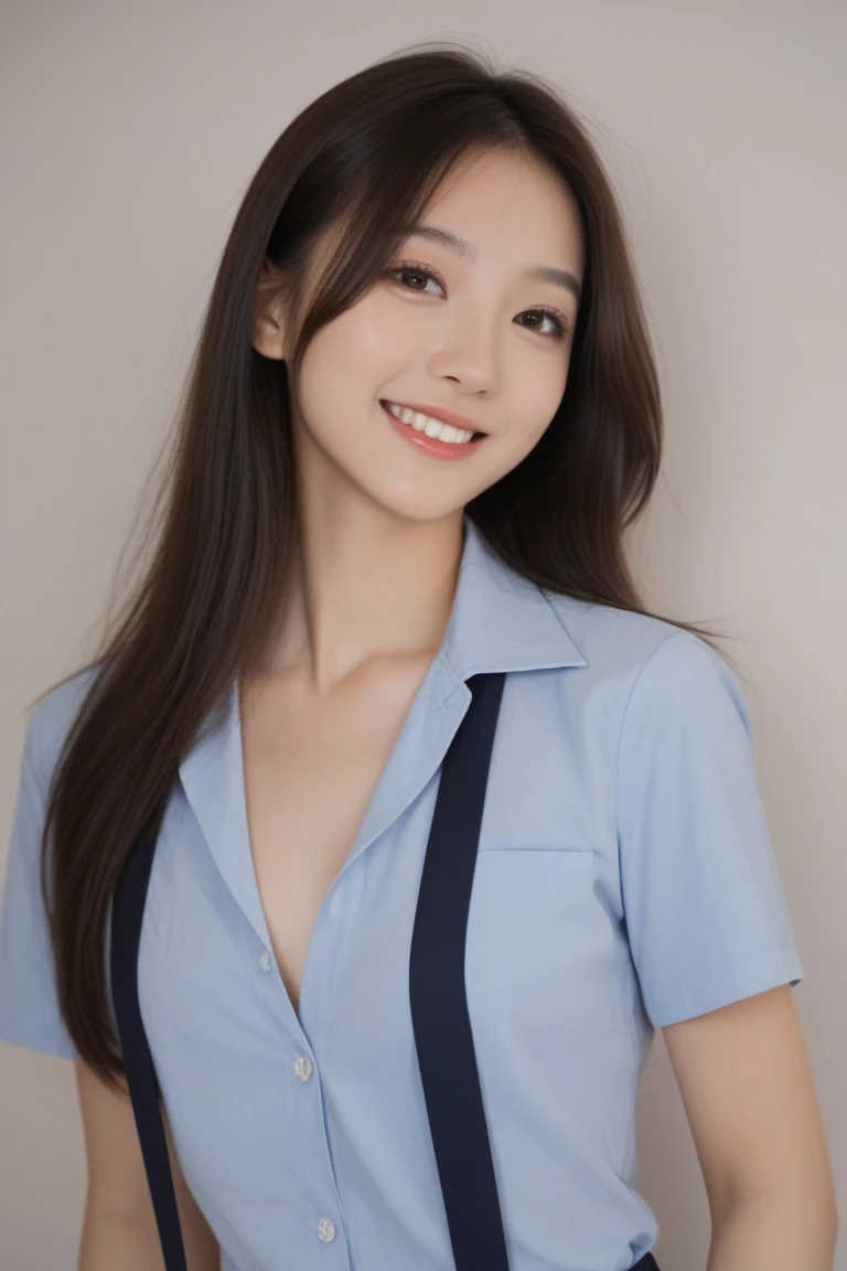 (grey background:1.5), (photorealistic:1.4), (best quality:1.0), (ultra highres:1.0), 8k, RAW photo, (masterpiece:0.2), 1girl, beautiful skin, detailed skin, big smile, teeth, (uniform:1.5)