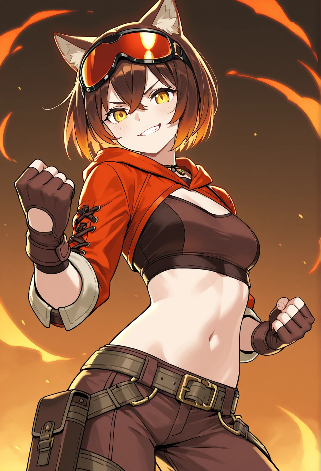Girl, brown hair, red headband, skirt, black belt, big breasts, exposed stomach, collar, pointed ears,