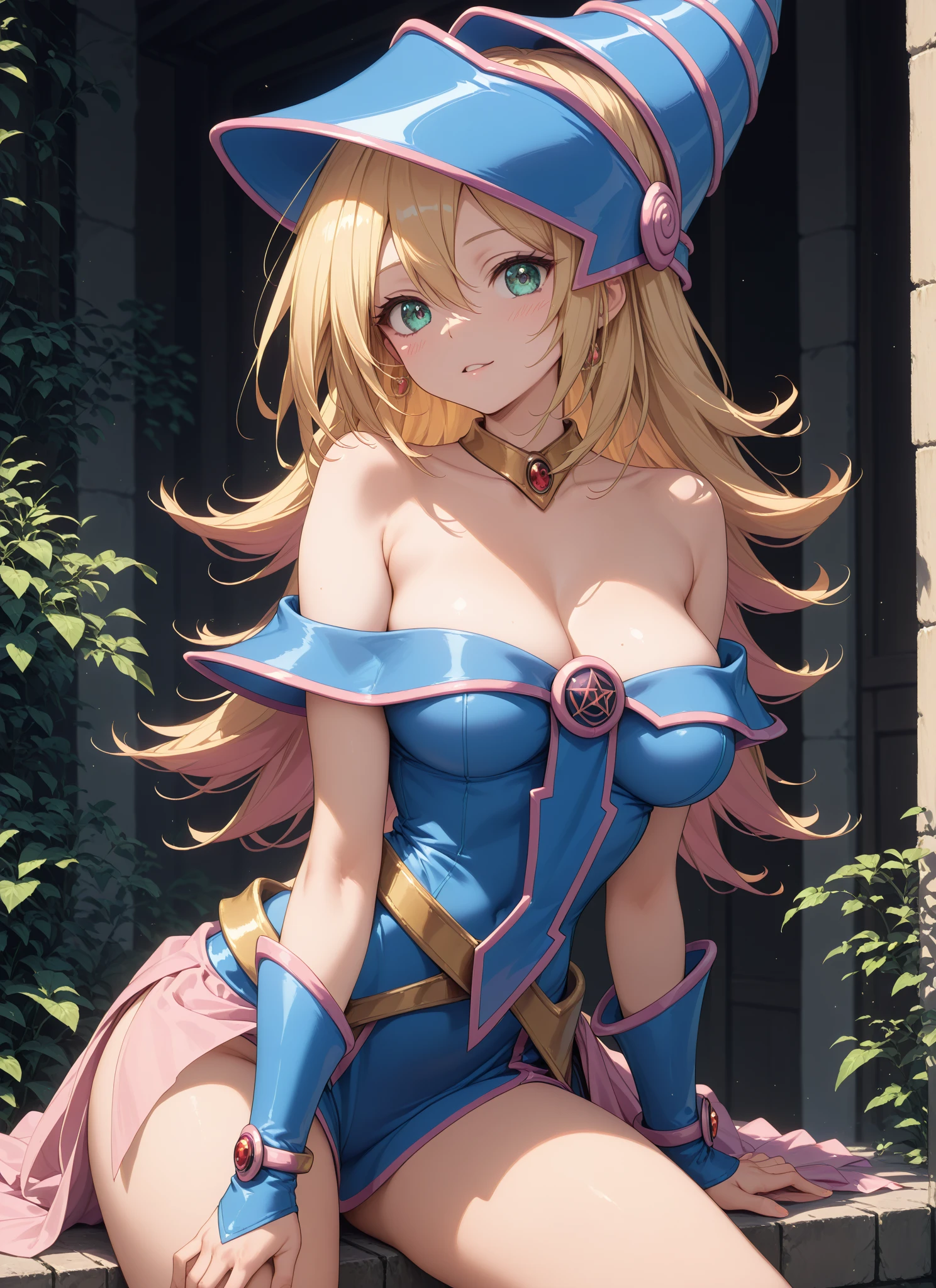 master piece,best quality,ultra detailed,8k,
ambient light,realistic skin,glossy skin,break、
(dark magician girl, duel monster, blush stickers, blonde hair, green eyes, long hair, breasts, blush, bangs, large breasts, hair between eyes, pentacle, pentagram, hat, dress, cleavage, bare shoulders, collarbone, choker, blue headwear, wizard hat, bracer, detached sleeves;)、break、
A realistic depiction of a person trapped inside a glass bottle, 、(lie face down:1.3)、(the body is very wet:1.5)、yukata、Glossy lips、Slightly emphasize the lower lip、A refreshing smile、emphasizing the cleavage、