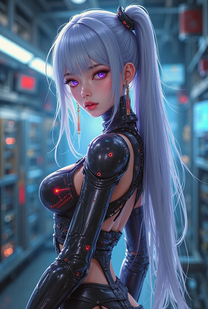 (beautiful cybernetic girl)), ((mechanical limbs)), (blood vessels connected to tubes), (mechanical vertebrae), ((mechanical cervical attaching to neck)), (wires and cables attaching to neck:1.2), ((mass of wires and cables on head)),  (character focus), (((dynamic pose))), (masterpiece), (((best quality))), ((ultra-detailed)), (highly detailed photorealistic CG illustration), cinematic lighting, science fiction, extremely detailed,colorful,highest detail, cyberpunk city background.silver eyes , neon lights ,colored hair