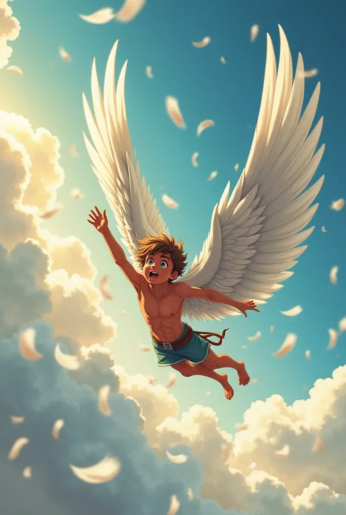 Cartoon of cute energetic muscular boy with long white wings, surrounded buy blue and white electricity , background is blue with clouds at top and ocean at the bottom